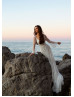 Long Sleeve Beaded Ivory Lace Tulle U Back Wedding Dress